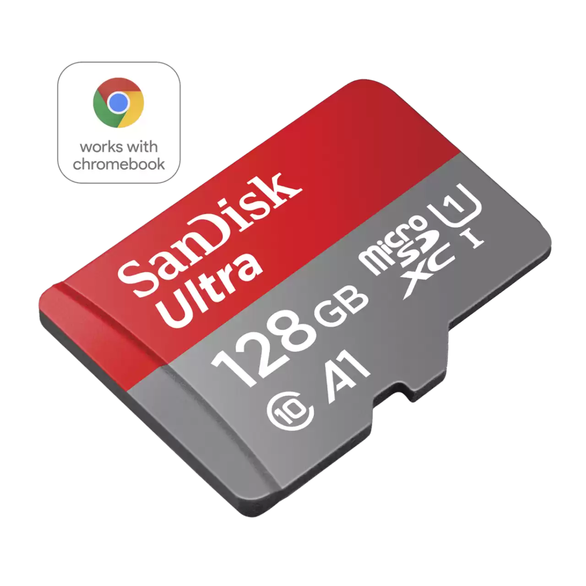 Ultra UHS I Chromebook microSD 128gb Angled- Zoom Image