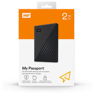 WD My Passport 2TB portable hard drive shown in orange and white retail packaging
