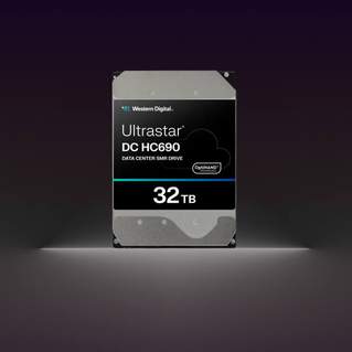 WD Ultrastar DC HC690 32TB data center SMR hard drive with OptiNAND technology against dark background with white accent lighting