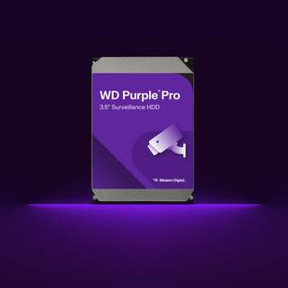 WD Purple Pro 3.5-inch surveillance HDD with purple branding and security camera icon against purple-lit background, Western Digital security storage solution