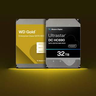 WD Gold Enterprise Class SATA HDD and Ultrastar DC HC690 32TB drives side-by-side with yellow accent lighting showing Western Digital enterprise storage portfolio