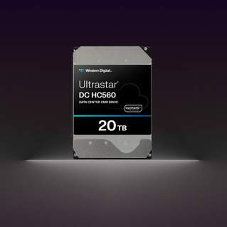 WD Ultrastar DC HC560 20TB data center CMR hard drive with OptiNAND technology against dark background with white lighting, enterprise storage solution