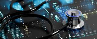 Medical stethoscope on digital data visualization with blue and white light patterns representing secure, future-ready patient data storage infrastructure and healthcare technology convergence